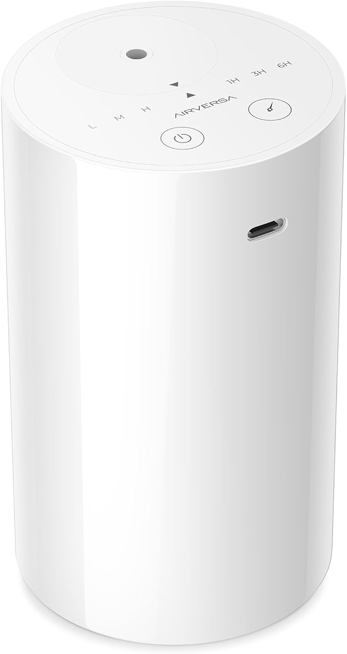 Airversa Waterless Diffuser for Essential Oil, Battery Operated Nebulizer, 0.7 Fl.Oz./ 20mL Capacity, Mini Scent Air Machine, 3 Countdown Timers & 3 Mist Levels for Home Room Car Office - AN8 White - Bloomnest