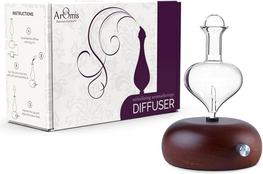 ArOmis Premium Glass Essential Oils Nebulizer - Waterless Diffuser for Aromatherapy - Handmade Oil Diffuser, Wooden Base, No Plastic, No Heat, No Battery, No LEDs - Orbis Nox Eros ArOmis