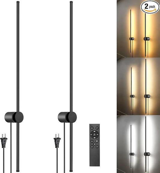 Wall Sconces Set of Two with Remote, Stepless Colors 3000K-6500K & Stepless Dimming, Hardwire or Plug-in, 180° Rotate, LED Black Plug in Wall Sconces with Timer & Night Light, 39.4 Inches - Bloomnest