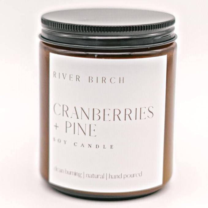 River Birch Candles Cranberries + Pine Scented Candle | Premium, All-Natural, Non-Toxic, Soy Amber Jar Candles | 8.5oz 40 Hr Burn Time | Cozy Relaxing Gifts for Home - Bloomnest