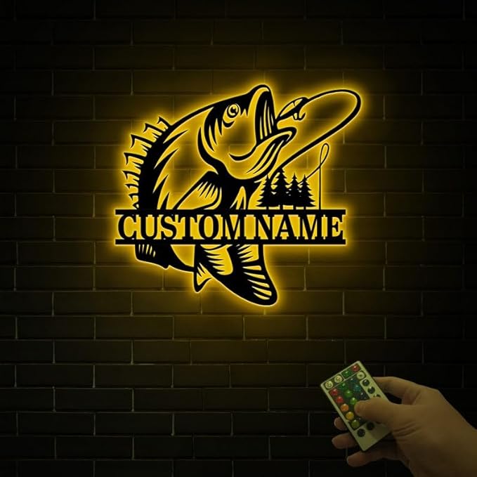 Personalized Neon Sign, Custom Striped Bass Fishing Metal Sign with Led Light, Fishing Gifts for Men, Father,s Day Gift, Fisher Name Sign, Cabin Decor, Rockfish - Bloomnest