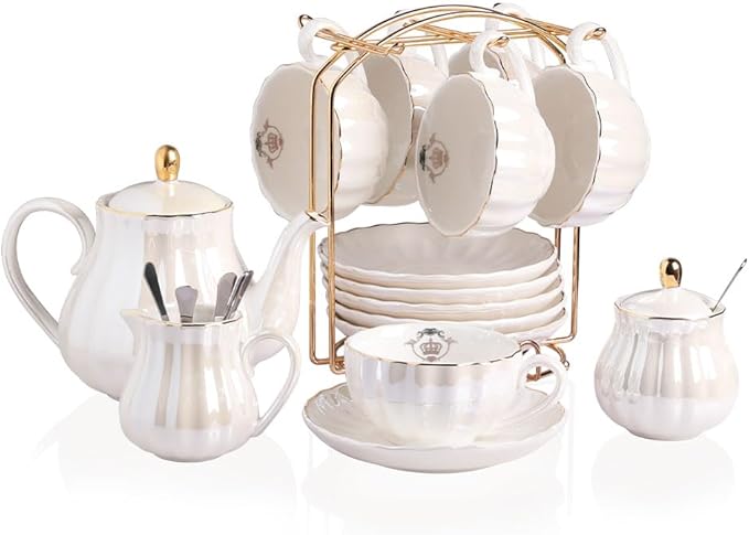 Porcelain Tea Sets British Royal Series, 8 OZ Cups& Saucer Service for 6, with Teapot Sugar Bowl Cream Pitcher Teaspoons and tea strainer for Tea/Coffee (Coral White) - Bloomnest