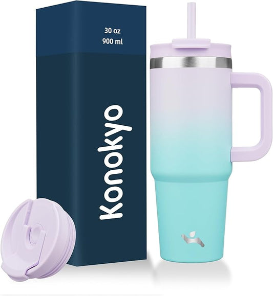 30 oz Tumbler with Handle and 2 Straws,2 in 1 Lid Insulated Water Bottle Stainless Steel Travel Coffee Mug,Lavender Green - Bloomnest