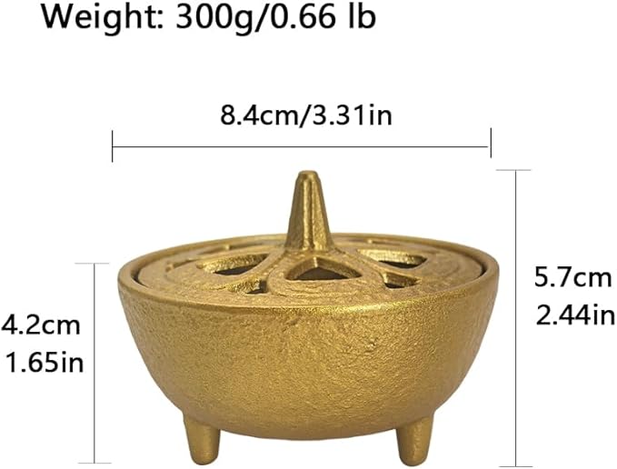 Small Cast Iron Incense Burner Holder, Home Decor, Bowl Design with Lid, Golden Incense for Sticks, Resin, Cone Incense or Wax Melts, Cense with Stand Base for Yoga, Spa, Room, Office - Bloomnest