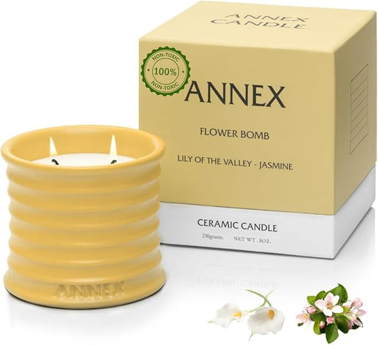 Scented Luxury Candles in Handmade Ceramic Jars, Soy Wax | Flower Bomb – Lily of The Valley & Jasmine, Large Candle | Non Toxic, 2 Wicks, Reusable Yellow Jar | Natural Spring Aromatherapy for Women - Bloomnest