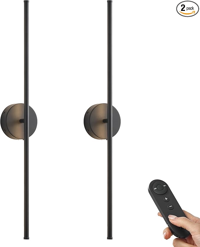 Battery Operated Wall Sconces, Dimmable Wall Sconces Set of Two, 350°Rotate, 3000K LED Black Wireless Wall Light for Living Room, Bedroom,Hallway, 40.1 Inch (2 Pack) - Bloomnest