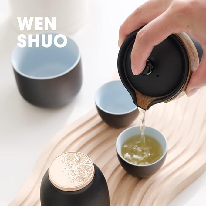 Chinese Tea Set, Ceramic Tea Cup Set, Wood Handle Tea Pot, Black Glaze, with Tea Caddy and Portable Bag
