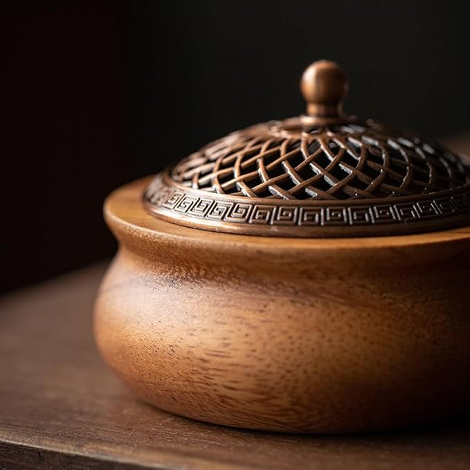 Round Wooden Incense Burner & Holder - 4" Handcrafted Natural Wood Censer with Alloy Lid, Heat-Resistant Tray for Sticks, Cones, Sage, Frankincense (Meditation, Yoga, Home Decor)