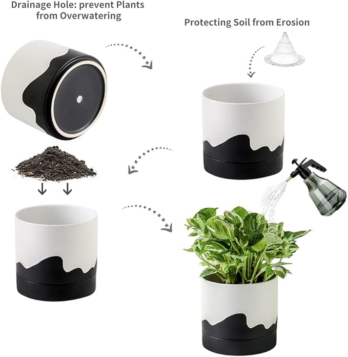 Nihow Ceramic Plant Pot: 6 Inch Planter with Drainage Hole & Saucer for Indoor & Outdoor Plants - Cylinder Round Flower Pot for Succulent/Herbs/Violets - White & Wave Black - Bloomnest