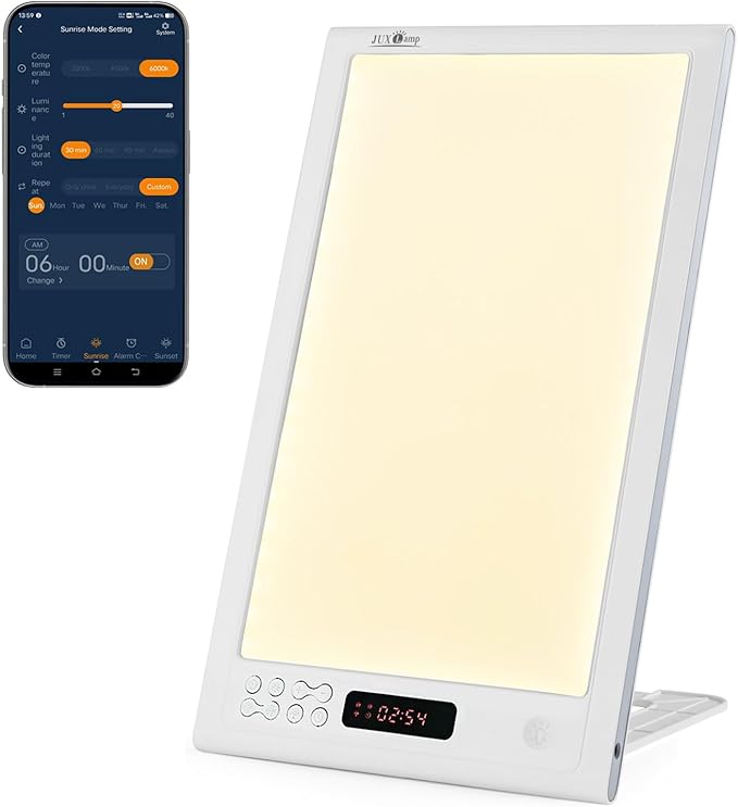 Bright Light Therapy Lamp 12000 Lux - Sunrise Alarm Clock with Dawn Simulator, APP Control - Wake Up Happy & Start Your Day Positively - Bloomnest