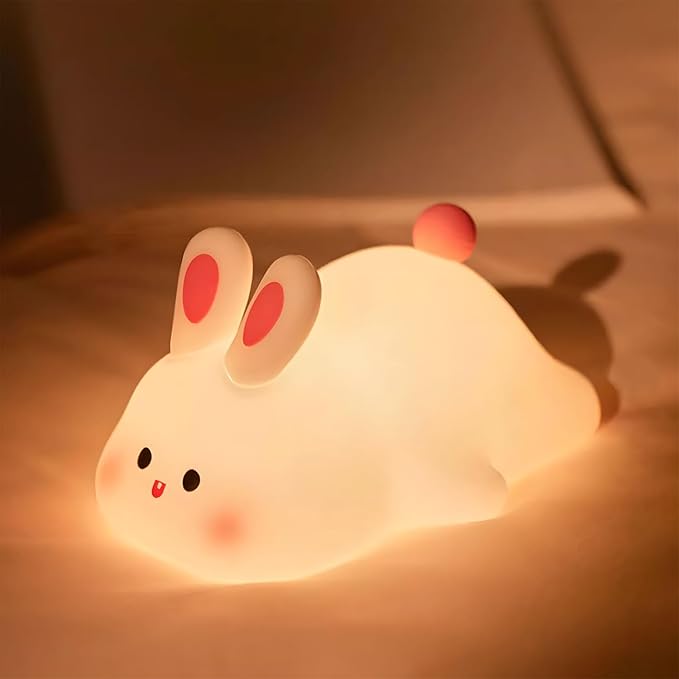 Big Face Rabbit Silicone Night Light for People - Squishy Bunny LED Lamp with Soft Touch, USB Rechargeable & Touch Control - Cute Decorative Bunny Light for Room. - Bloomnest