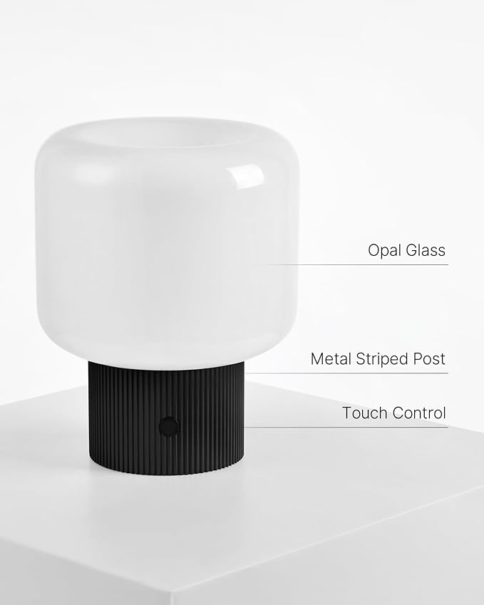 Halo Mushroom Lamp, 5W Cute Cordless Rechargeable Table Lamp with Glass Shade, 3 Color Temps LED Dimmable Ambient Lighting, Small Retro Touch Bedside Light for Bedroom Decor, Black - Bloomnest