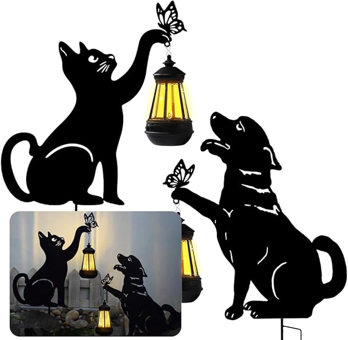 Solar-Powered Black Dog&Cat Garden Decor Stakes - Metal Silhouette Figurine for Outdoor Yard, Lawn, and Patio Decoration - Bloomnest