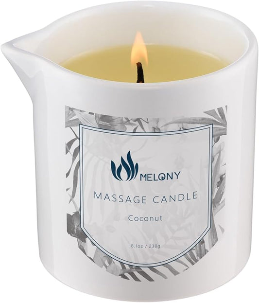 MELONY Soy Massage Oil Candle | Coconut | 8.1OZ / 230G | Perfect Intensive Skin Treatment Candle | Nourishing with Almond Oil, Shea Butter & Cocoa Butter | Massage & Moisturise - Bloomnest