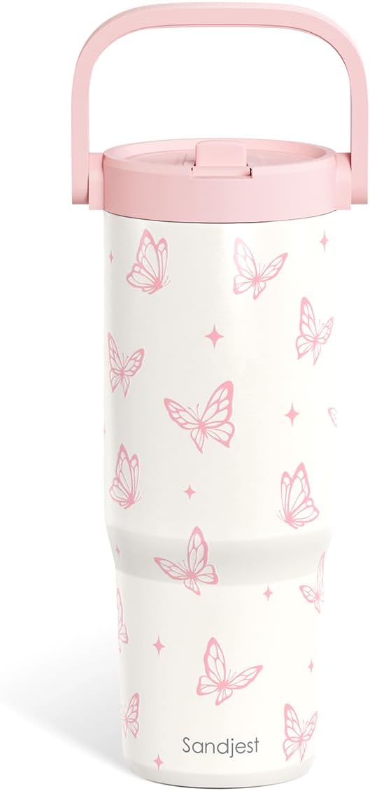 SANDJEST Butterfly Stainless Steel Straw Lid Tumbler 30oz with Carry Handle for Women Girls, Insulated Travel Coffee Cup, Gift for Sports Outdoor Workout Christmas Birthday - Bloomnest