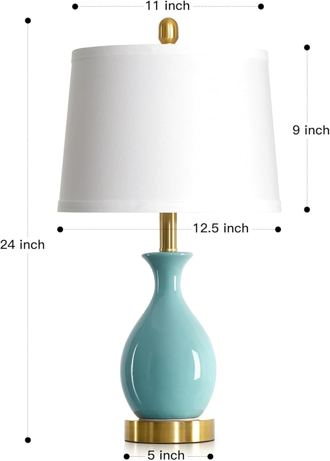 24" Bedroom Table Lamps Set of 2, Modern Classic Ceramic Lamps for Living Room, Small Bedside Table Lamp for Nightstand or End Table, Aqua Blue (2 LED Bulbs Included) - Bloomnest
