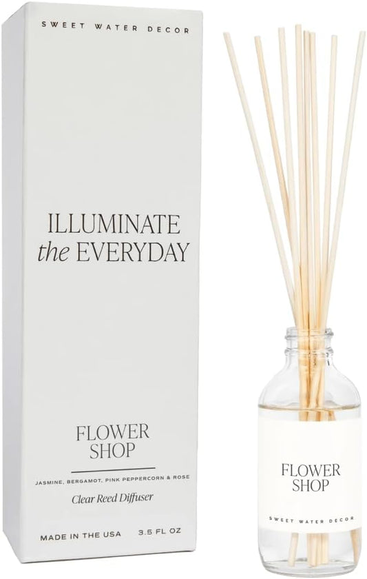 Sweet Water Decor Reed Diffusers for Home - Reed Diffuser for Bathroom with Pink Peppercorn Scent - Reed Oil Diffuser Non Toxic & Cruelty Free Jasmine Bergamot & Rose Scented - Flower Shop 3.5oz