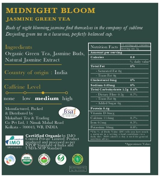 Luxmi Estates Midnight Bloom Organic Jasmine Tea (25 Tea Bags) Mildly Caffeinated Tea Bags For Relaxing, Calming, and Stress Relief, With Certified Organic Darjeeling Makaibari Green Tea - Bloomnest