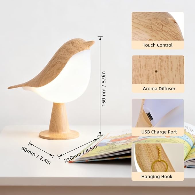 Bird Cordless Table Lamp, Small Cordless Bedside Lamp with 3 Color Temperature, Touch Sensor & Rechargeable Battery - Night Light for Kids, Bedroom, Bedside, Office, and Outdoor Use - Bloomnest