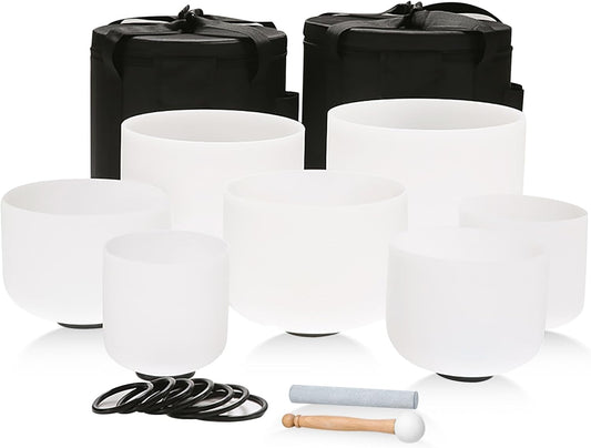 432HZ 6-12 Inch 7 Pcs White Frosted Crystal Singing Bowl Set for Meditation Healing Yoga Chakra Quartz Crystal Sound Bowls with Heavy Duty Carry Cases and Rubber Mallet,Suede Striker,O-rings