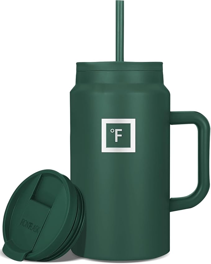 IRON °FLASK Co-Pilot Insulated Mug w/Straw & Flip Cap Lids - Cup Holder Bottle for Hot, Cold Drink - Leak-Proof - Water, Coffee Portable Travel Mug - Dark Pine, 50 Oz - Bloomnest