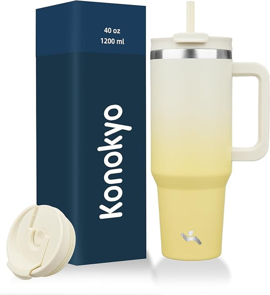 40 oz Tumbler with Handle and 2 Straws,2 in 1 Lid Insulated Water Bottle Stainless Steel Travel Coffee Mug,Lemon - Bloomnest