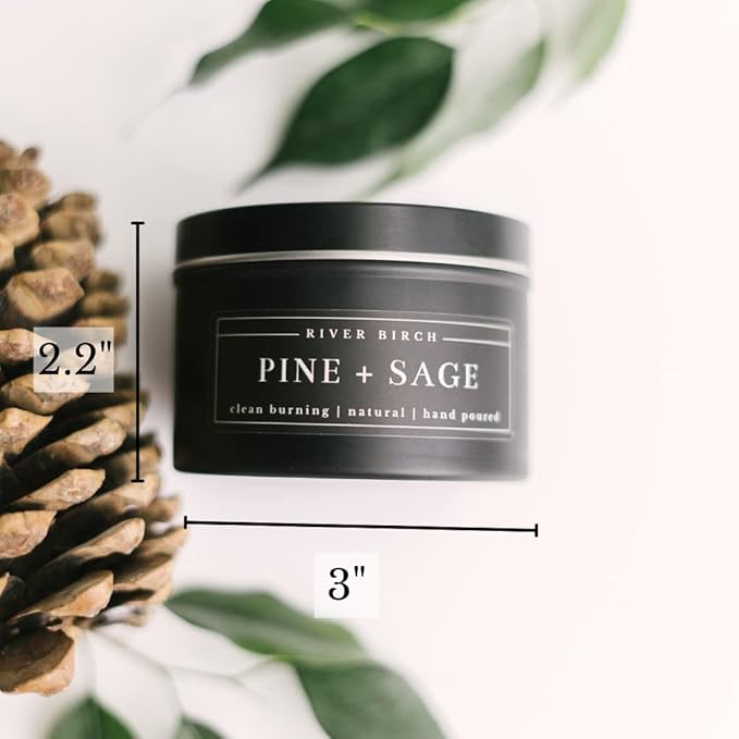 River Birch Candles Pine + Sage Scented Candle | Premium, All-Natural, Non-Toxic, Soy Candles | 8 oz. Black Matte Tin Travel Candle | Cozy Relaxing Gifts for Home - Bloomnest