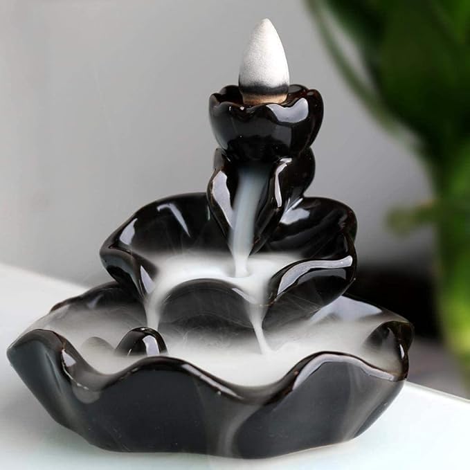 Waterfall Incense Burner, Lotus Backflow Incense Holder Ceramic Censer Cones Sticks Porcelain Holder with 10 Free Mixed Aromatherapy Cones