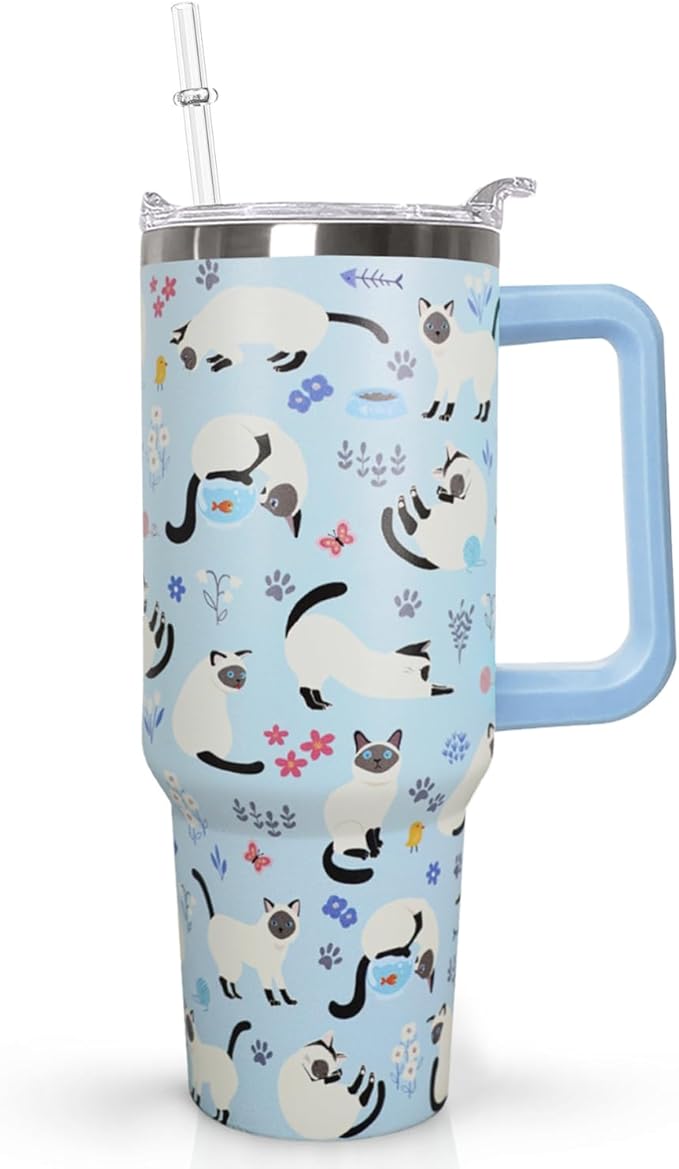 40 Oz Siamese Cat Coffee Travel Mug Cup Water Bottle Tumbler With Handle,Cat Gifts for Women - Bloomnest