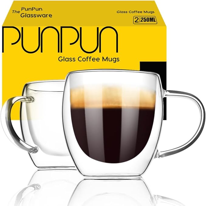 PunPun 8.5oz/250ml Espresso Cups, Double Wall Insulated Glass Cups, Set of 2 - Bloomnest