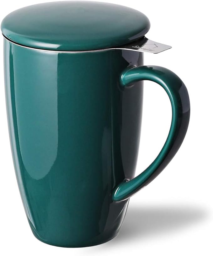 Sweejar Porcelain Tea Infuser Mug with Lid, 16 oz Teacup with Strainers for Loose Leaf Tea, Microwave and Dishwasher Safe Coffee Mug(New Jade) - Bloomnest