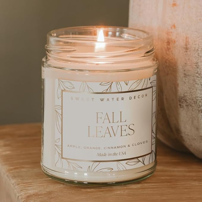 Sweet Water Decor Fall Leaves Candle, Autumn Scented Notes of Apple, Cinnamon, & Nectar, 40+ Hour Burn Time, Non-Toxic Soy Wax Blend, Poured in The USA, Cotton Wick, 9oz Glass Jar with Gold Lid - Bloomnest