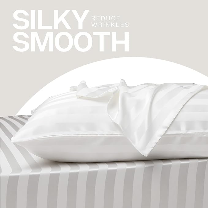 MR&HM Satin Pillowcase for Hair and Skin, Silk Satin Pillowcase 2 Pack, King Size Pillow Cases Set of 2, Silky Pillow Cover with Envelope Closure (20x36, Ivory Striped) - Bloomnest