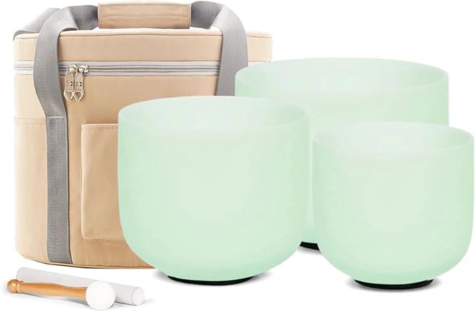 Hye-eun 432hz Crystal Singing Bowls Set,8-12inch Mint Green Sound Bath Bowl 8"A 10"F 12"C,Spiritual Mindfulness Sound Bowls with Beige Carry Case - Bloomnest