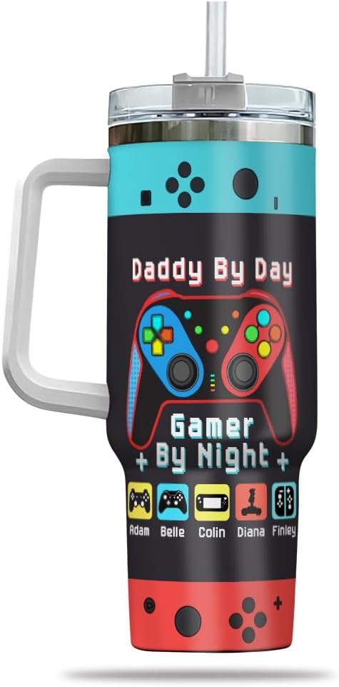 Personalized Gamer Dad Tumbler with Handle and Straw, Custom Controller Design with Kids’ Names, Funny Father’s Day Gift for Gaming Father or Retro Player - Bloomnest