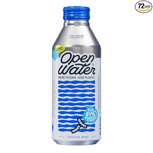 Open Water Still Bottled Water with Electrolytes in 16-oz Aluminum Bottles (6 Cases, 72 bottles - Still) | BPA-free and Eco friendly