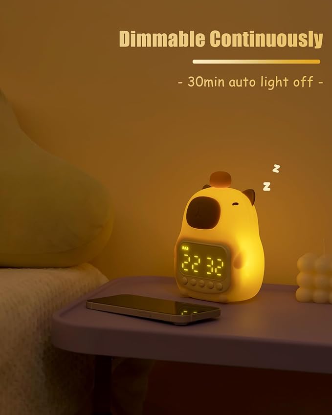 Capybara Alarm Clock with Night Light for Kids, Cute Toddler Alarm Clocks for Bedrooms Ok to Wake Clocks for Girls and Boys, Rechargeable Silicone Animal Tabletop Lamp for Kid - Bloomnest