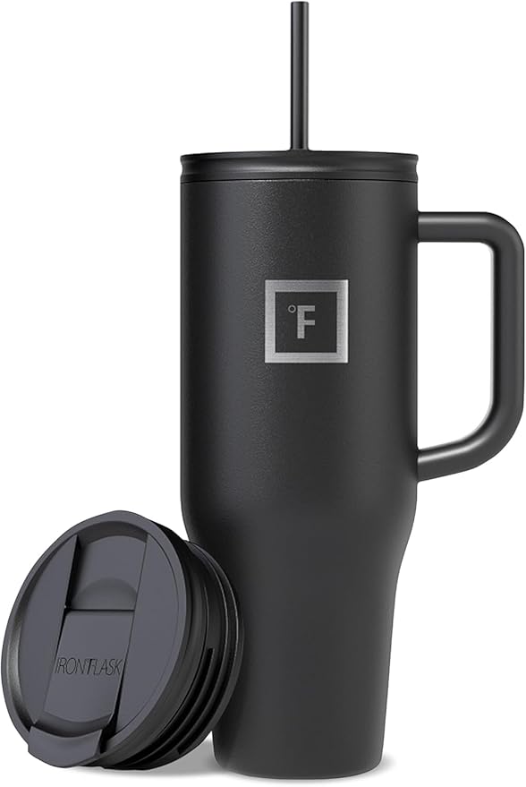 IRON °FLASK Co-Pilot Insulated Mug w/Straw & Flip Cap Lids - Cup Holder Bottle for Hot, Cold Drink - Leak-Proof - Water, Coffee Portable Travel Mug - Midnight Black, 40 Oz - Bloomnest