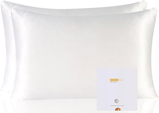 ZIMASILK 100% Pure Mulberry Silk Pillowcase 2 Pack, Soft and Smooth,Both Sides Premium Grade 6A Silk,600 Thread Count,with Hidden Zipper for Men and Women Family (Standard 20"x26", White) - Bloomnest