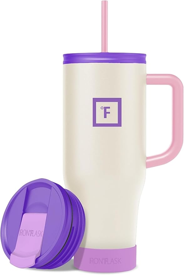 IRON °FLASK Co-Pilot Insulated Mug w/Boot, Straw & Flip Cap Lids - Cup Holder Bottle for Hot, Cold Drink - Leak-Proof - Water, Coffee Portable Travel Mug - Cream & Berries, 40 Oz - Bloomnest