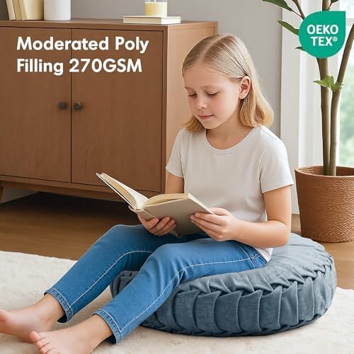 Intelligent Design Loretta Round Chenille Tufted Floor Pillow with Elegant Pleated Design, Large Boho & Vintage Decorative Throw Pillow for Sofa, Bed, or Chair, 22" x 6", Aqua