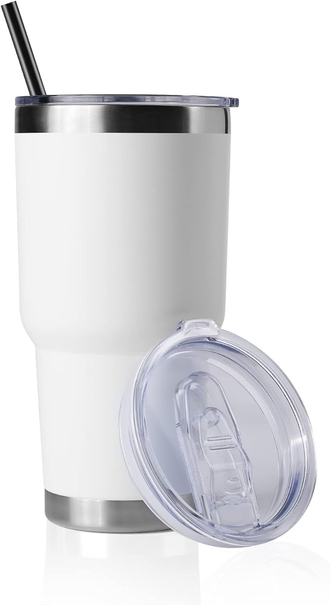 DOMICARE 30 oz Tumbler with Lid and Straw, Stainless Steel Tumblers Bulk, Insulated Vacuum Double Wall Travel Coffee Mug, Durable Powder Coated Tumbler Cup (White, 1)