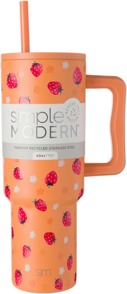 Simple Modern 40 oz Trek Tumbler with Handle and Straw Lid | Cup Holder Friendly Insulated Stainless Steel Travel Mug | Strawberry Fields SimpleModern