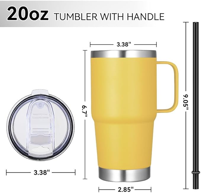 VEGOND 20 oz Tumbler Bulk with Handle Lid and Straw, Stainless Steel Insulated Travel Coffee Mug Set, Spill Proof Double Wall Metal Tumblers Cups, Powder Yellow 12 Pack - Bloomnest
