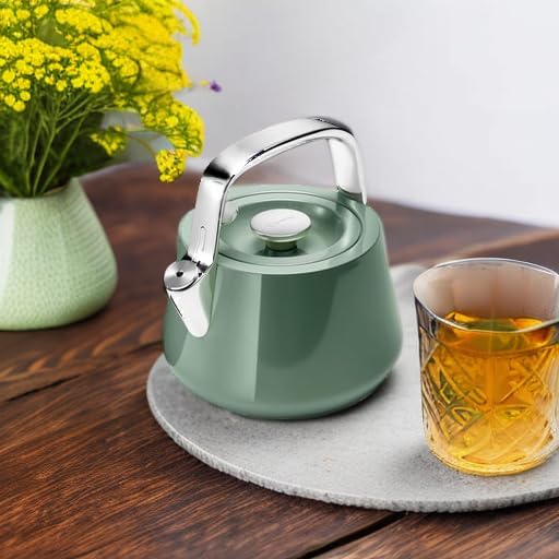 Caraway 2 Quart Whistling Tea Kettle - Durable Stainless Steel Tea Pot - Fast Boiling, Stovetop Agnostic - Non-Toxic, PTFE & PFOA Free - Includes Pot Holder - Sage - Bloomnest