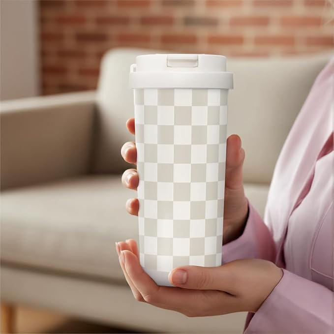 Checkered Tumbler - Stainless Steel 2-in-1 Lid Coffee Tumbler 18 oz, Checker Insulated Travel Mug Gift for Women Girls Teens, Birthday Christmas (Beige) - Bloomnest