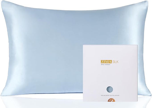 ZIMASILK 100% Pure Mulberry Silk Pillowcase for Hair and Skin Health,Soft and Smooth,Both Sides Premium Grade 6A Silk,600 Thread Count,with Hidden Zipper,1pc (King 20''x36'',Light Blue) - Bloomnest