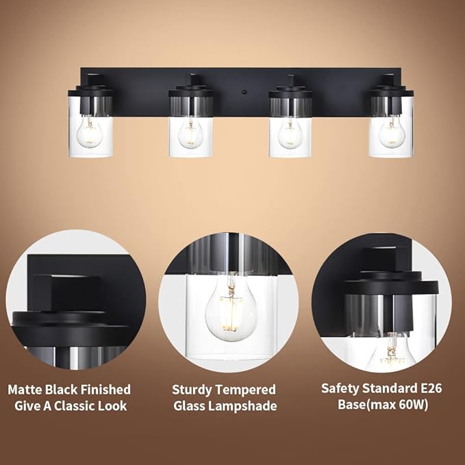 BONLICHT Modern Wall Bathroom Vanity Light Fixture 4 Light Black Metal with Clear Glass Shade,Industrial Vintage Farmhouse Wall Mount Lighting Sconce Bath Lighting Over Mirror for Kitchen Hallway - Bloomnest