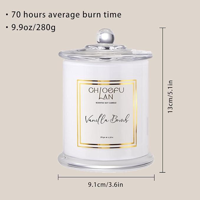 Chloefu LAN Vanilla Bomb Candle, Vanilla Scented Candles Gifts for Mothers Day, Gifts for Women & Men, Luxury Jar Candles, 70 Hours Long Burning, Natural Soy Candles for Home Scented, 10oz - Bloomnest