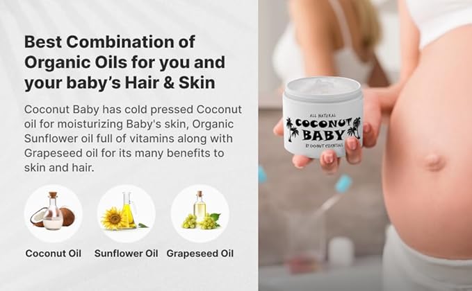 Coconut Essentials Coconut Baby Oil - Natural & Organic Moisturizer, Hair Oil for Cradle Cap Treatment, Newborn Sensitive Skin, Eczema & Psoriasis Relief, Unscented, Sunflower & GrapeSeed 4 floz - Bloomnest